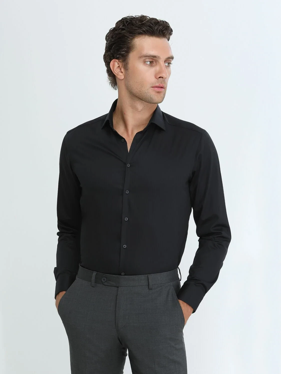 Black Plain Regular Fit Weaving Classical 100% Cotton Shirt - 1