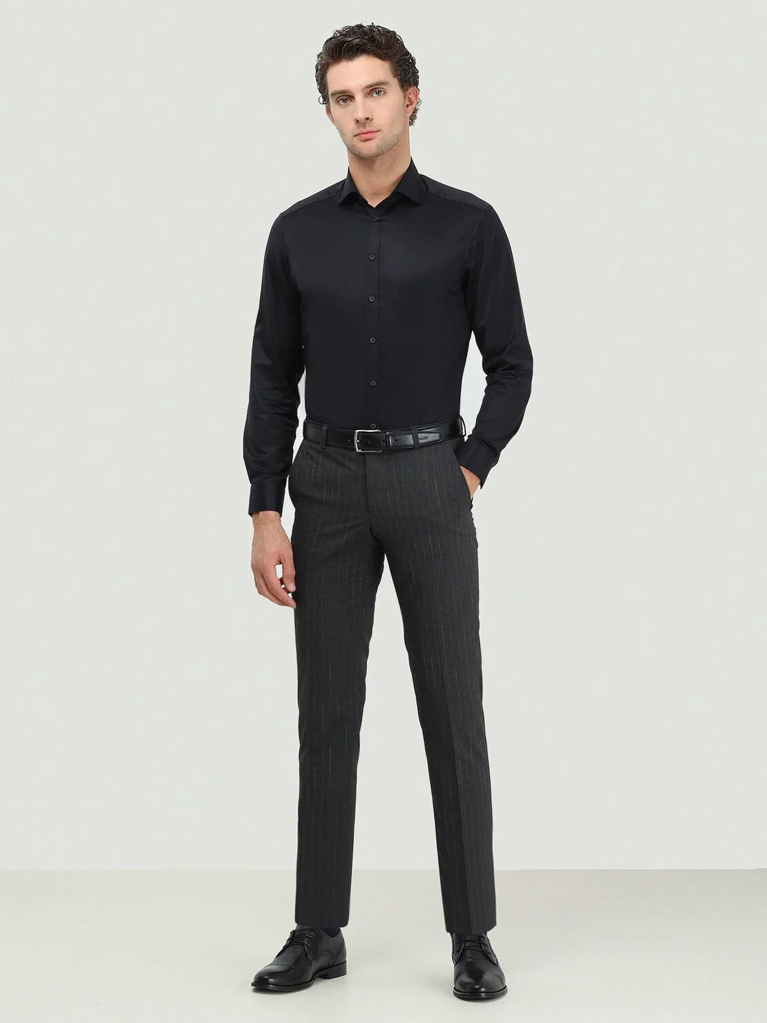Black Plain Regular Fit Weaving Classical 100% Cotton Shirt - 1
