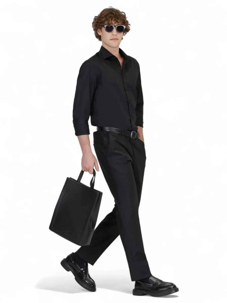 Black Plain Regular Fit Weaving Classical 100% Cotton Shirt - 2