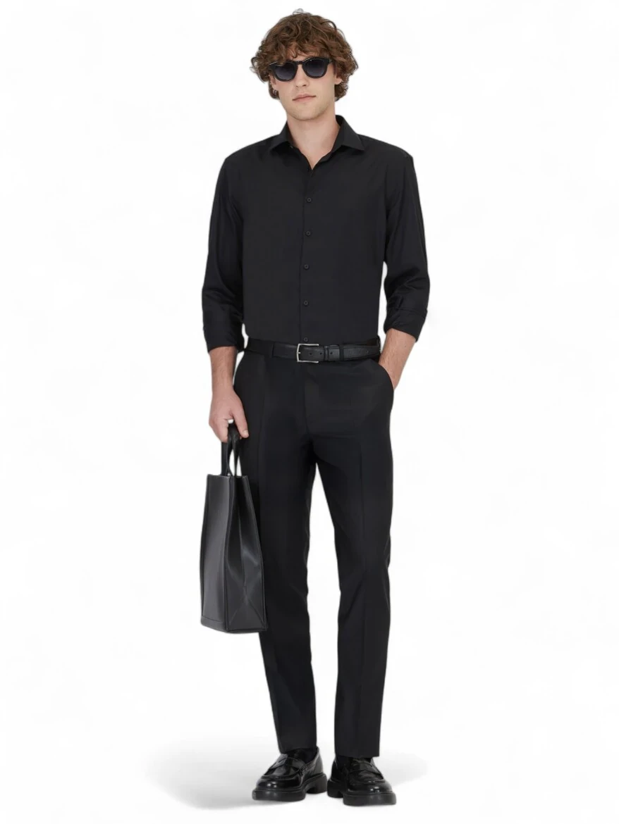 Black Plain Regular Fit Weaving Classical 100% Cotton Shirt - 3