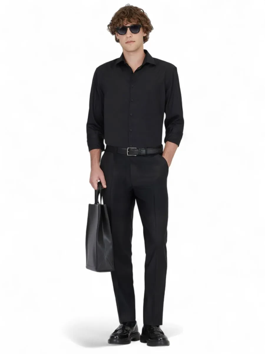 Black Plain Regular Fit Weaving Classical 100% Cotton Shirt - 3