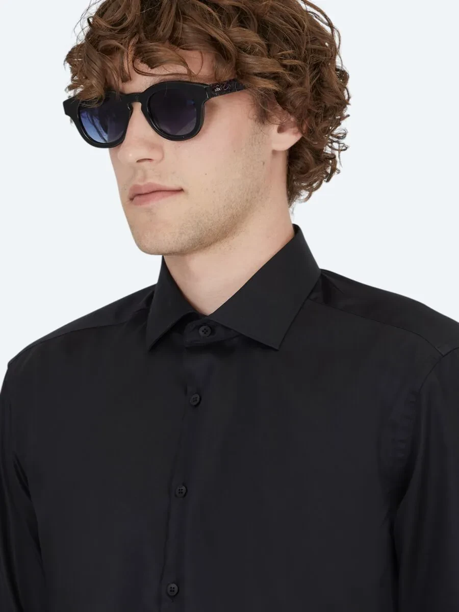 Black Plain Regular Fit Weaving Classical 100% Cotton Shirt - 4