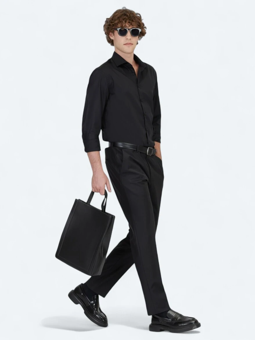Black Plain Regular Fit Weaving Classical 100% Cotton Shirt - 2