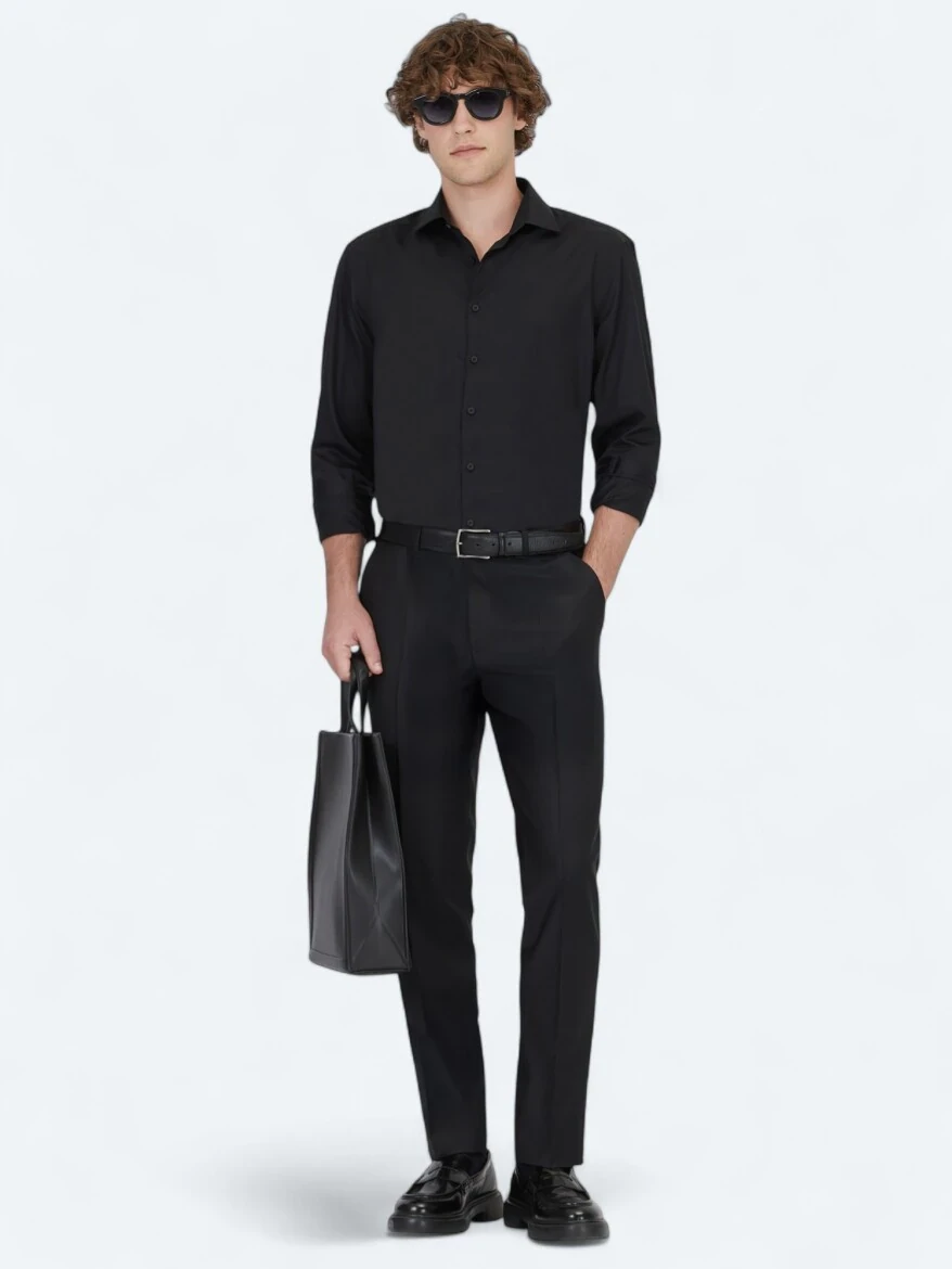 Black Plain Regular Fit Weaving Classical 100% Cotton Shirt - 3