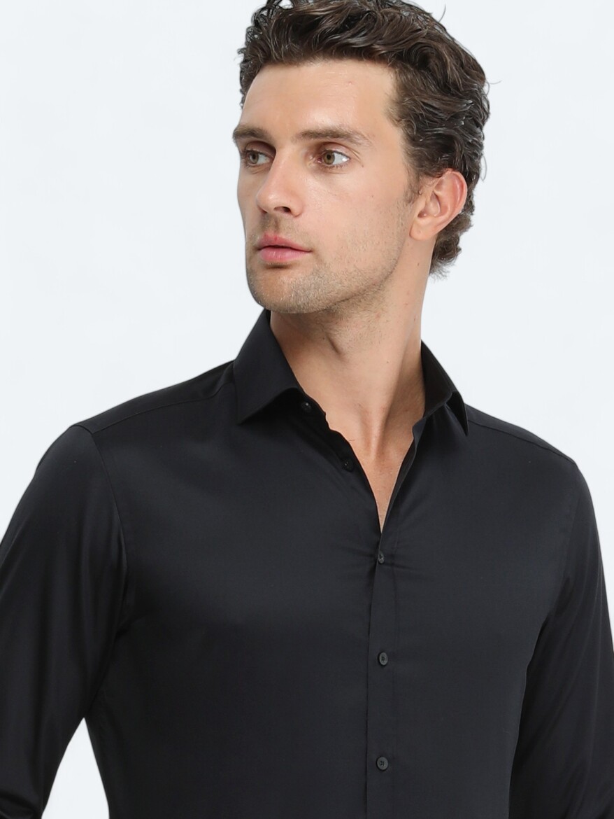 Black Plain Regular Fit Weaving Classical 100% Cotton Shirt - 1