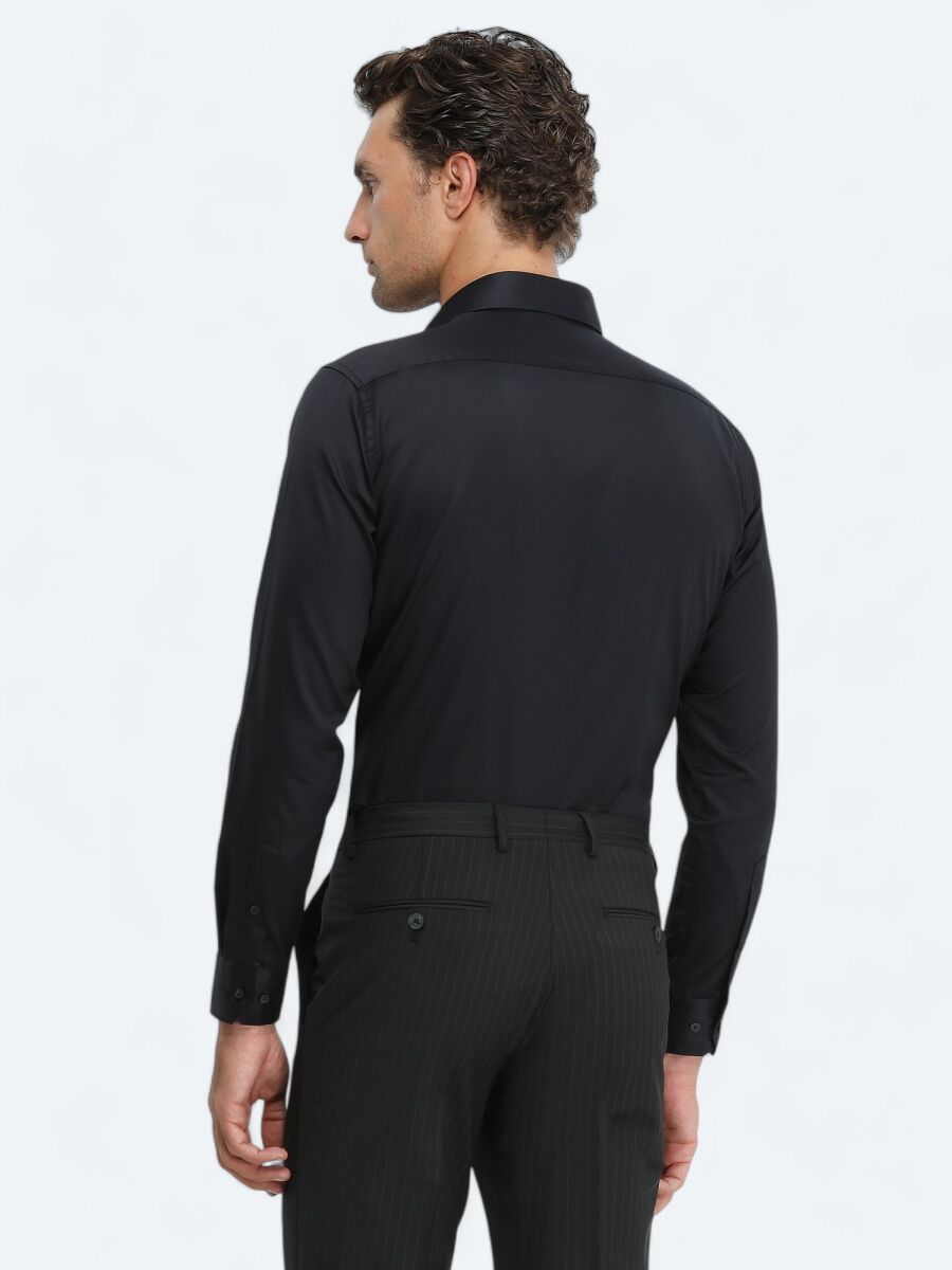 Black Plain Regular Fit Weaving Classical 100% Cotton Shirt - 4