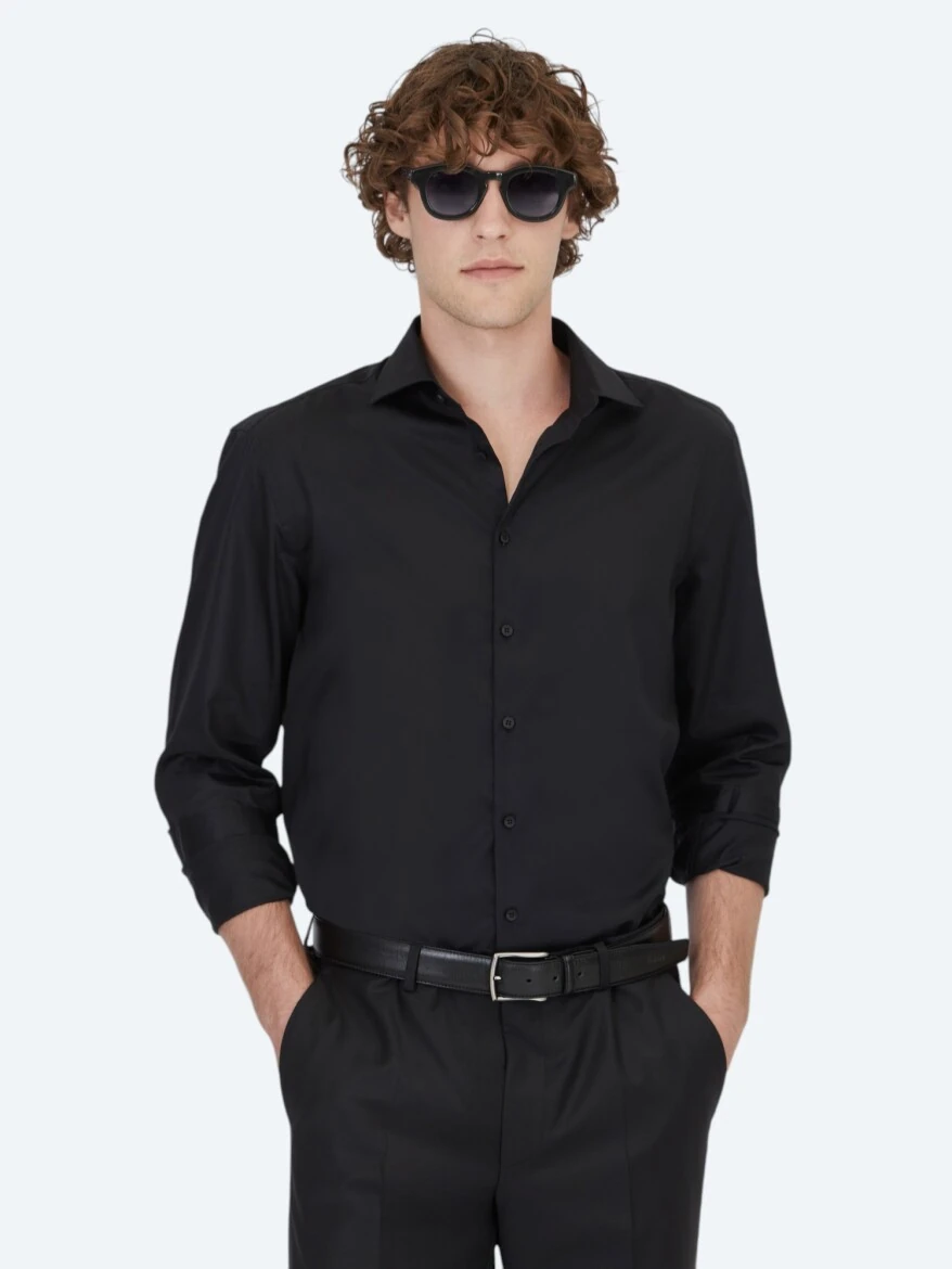 Black Plain Regular Fit Weaving Classical 100% Cotton Shirt - KİP