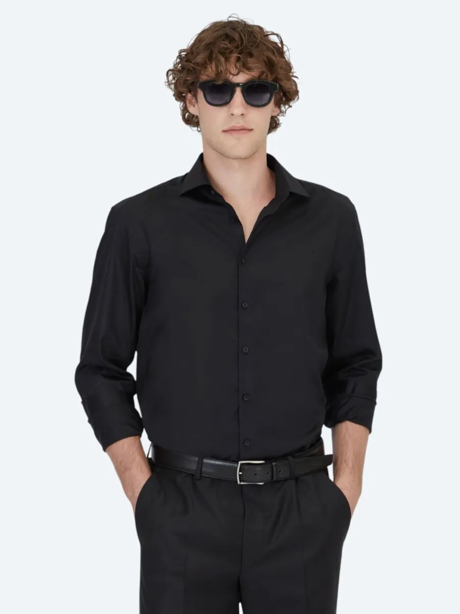 Black Plain Regular Fit Weaving Classical 100% Cotton Shirt - 1