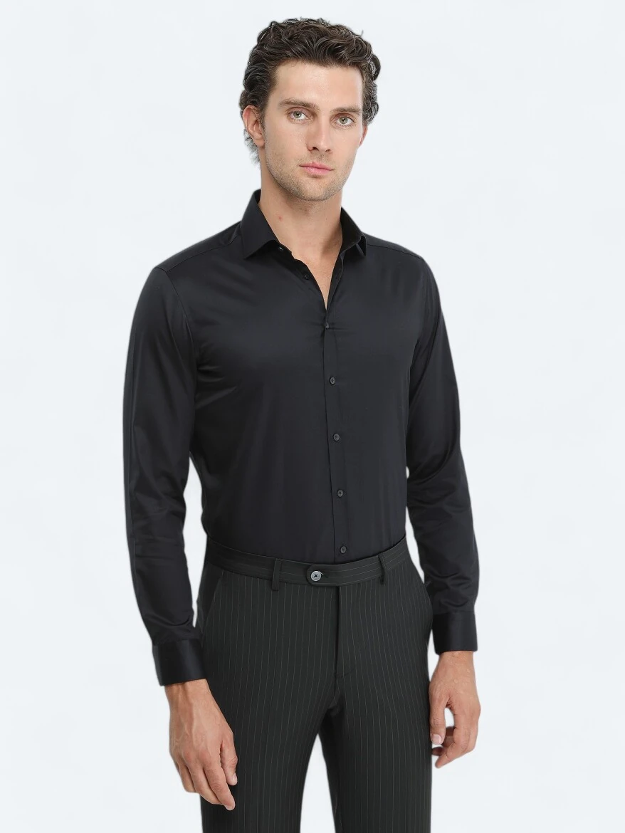 Black Plain Regular Fit Weaving Classical 100% Cotton Shirt - 1