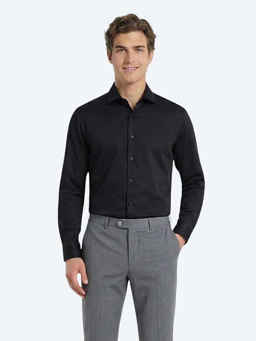Black Plain Regular Fit Weaving Classical 100% Cotton Shirt - KİP