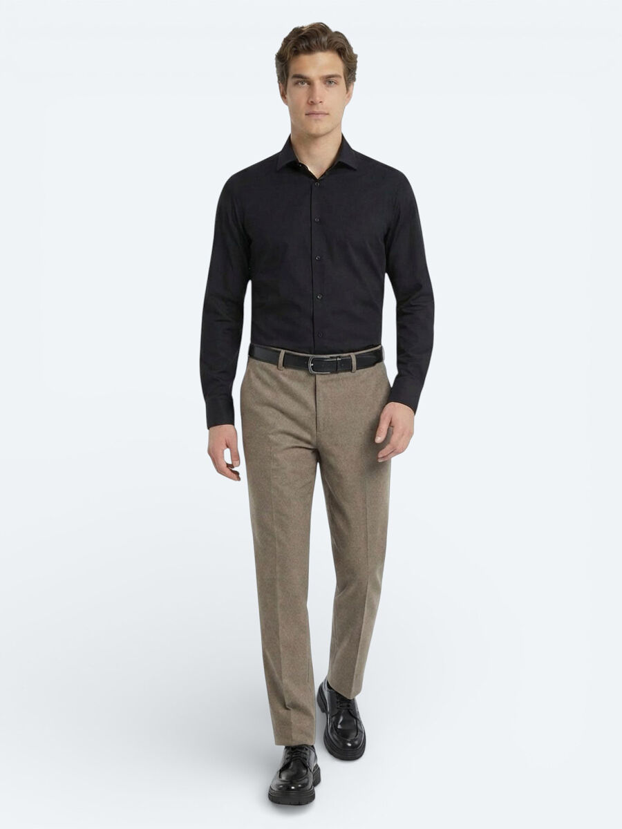 Black Plain Regular Fit Weaving Classical Cotton Blended Shirt - 2