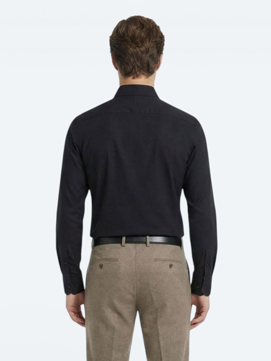 Black Plain Regular Fit Weaving Classical Cotton Blended Shirt - 5