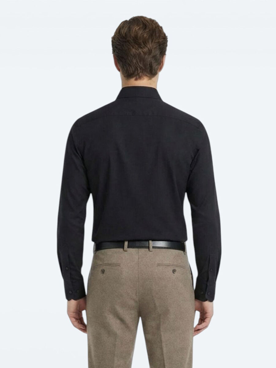 Black Plain Regular Fit Weaving Classical Cotton Blended Shirt - 5