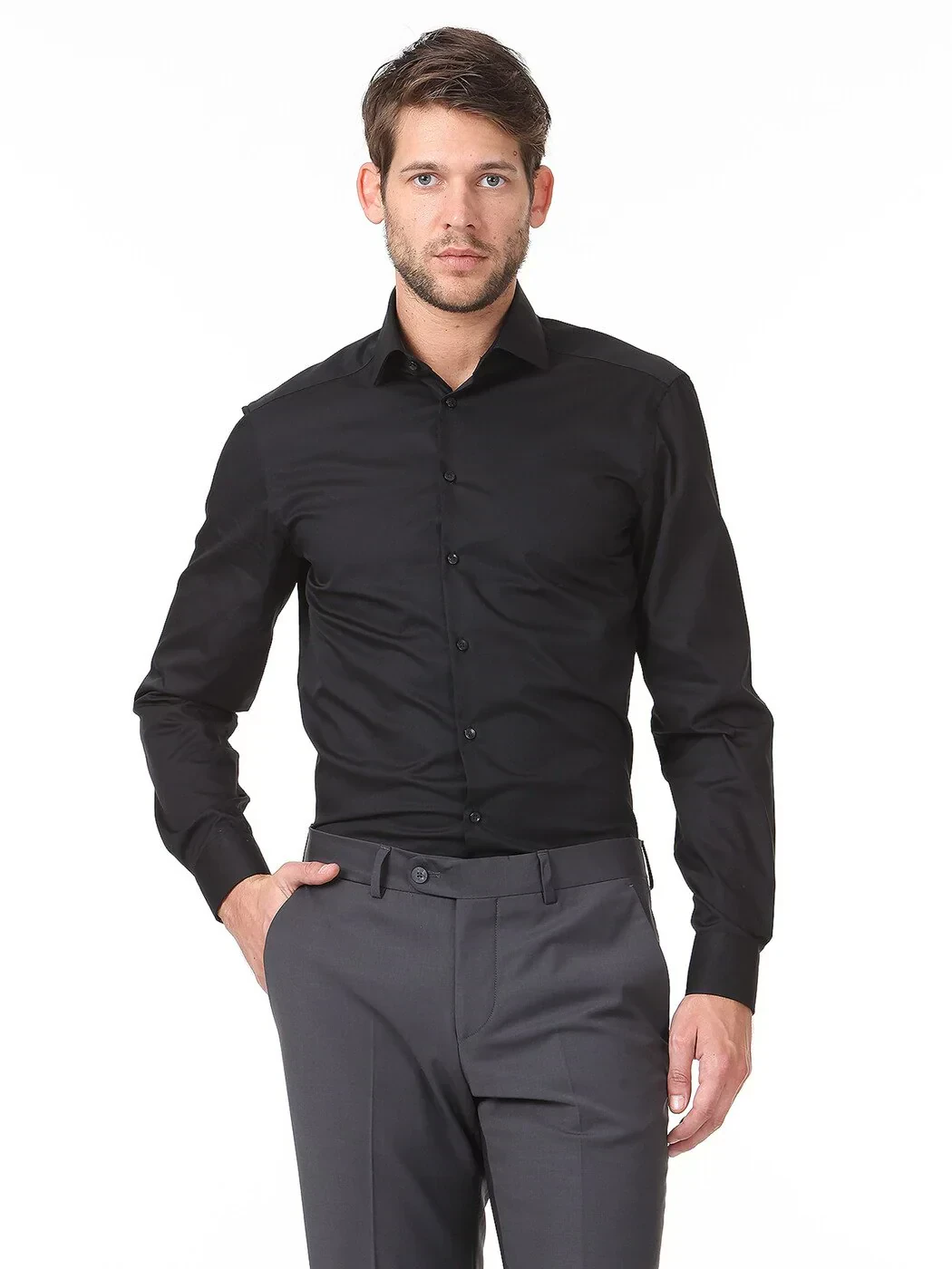 Black Plain Regular Fit Weaving Classical Cotton Blended Shirt - 1