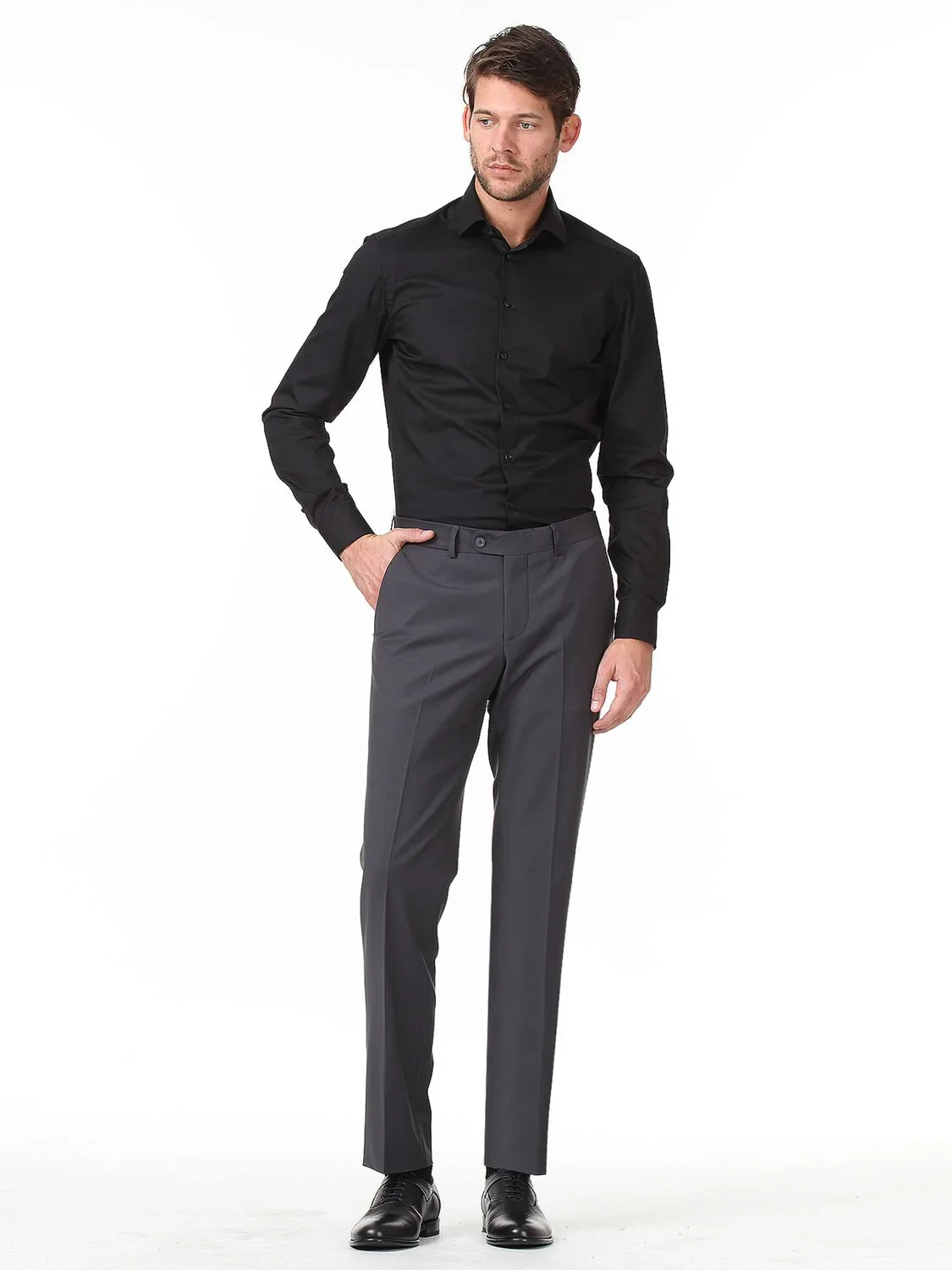 Black Plain Regular Fit Weaving Classical Cotton Blended Shirt - 3