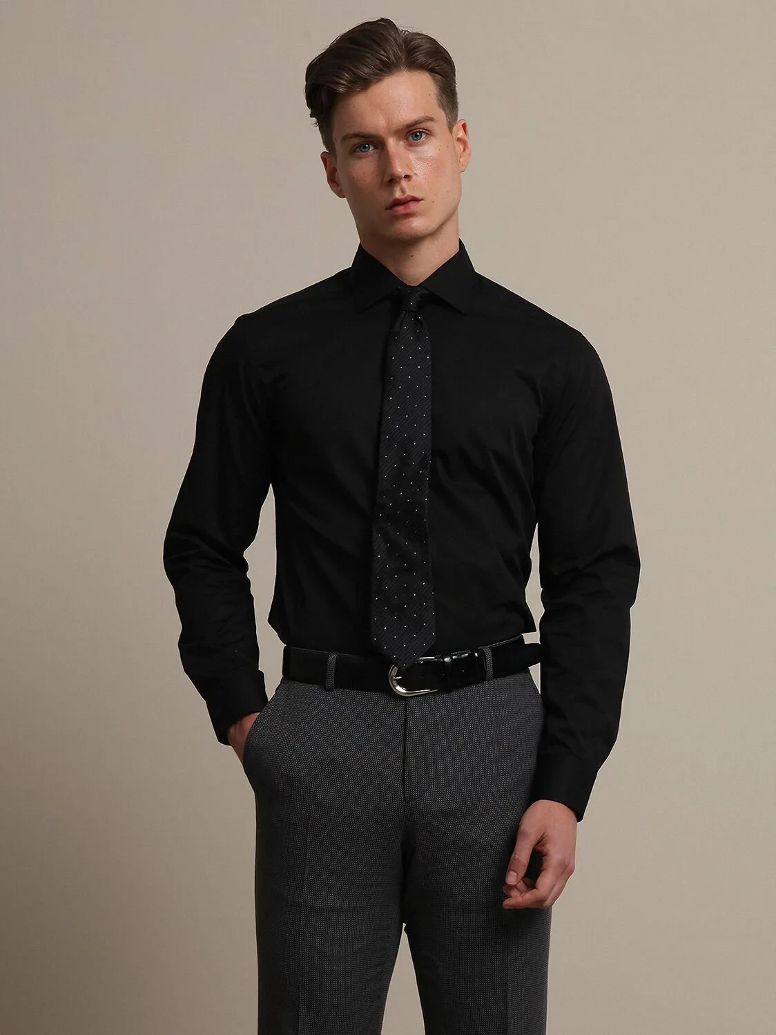 Black Plain Regular Fit Weaving Classical Cotton Blended Shirt - 1