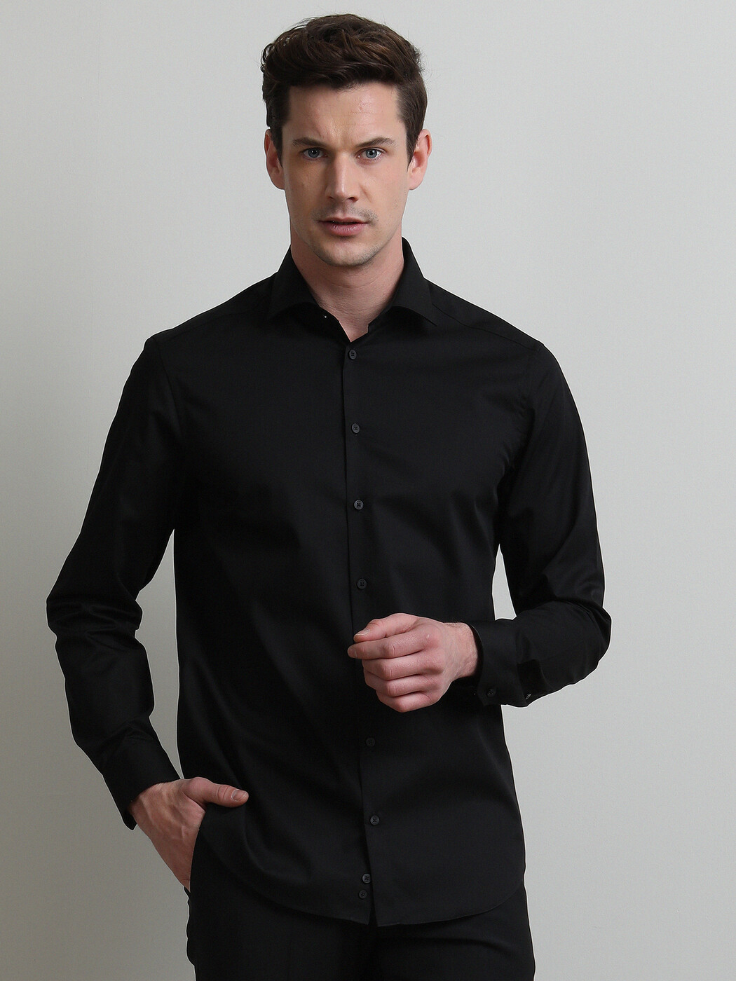 Black Plain Regular Fit Weaving Classical Cotton Blended Shirt - 4
