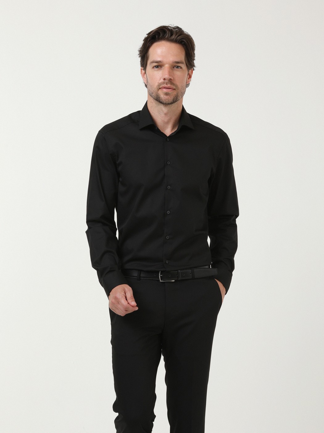 Black Plain Regular Fit Weaving Classical Cotton Blended Shirt - 1