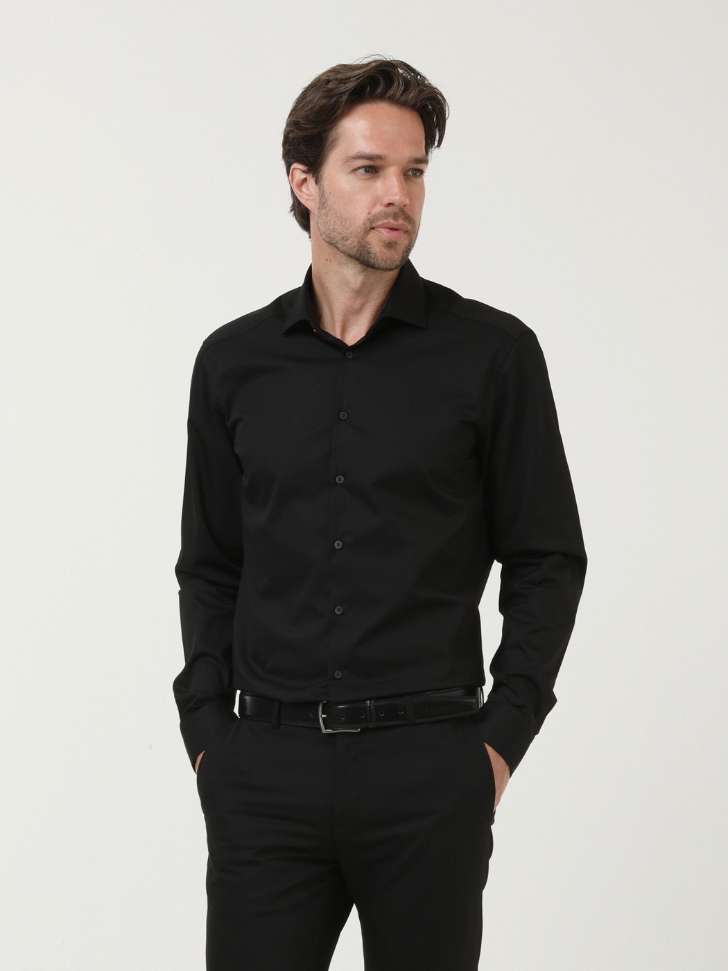 Black Plain Regular Fit Weaving Classical Cotton Blended Shirt - 2