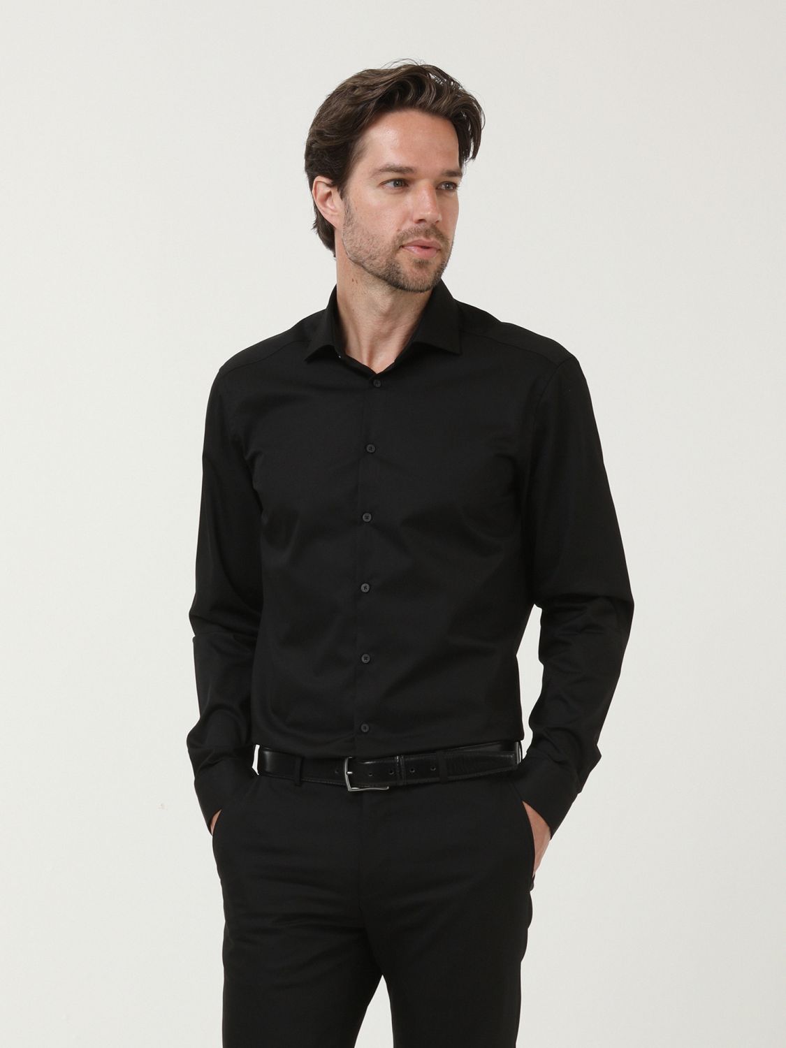 Black Plain Regular Fit Weaving Classical Cotton Blended Shirt - 2
