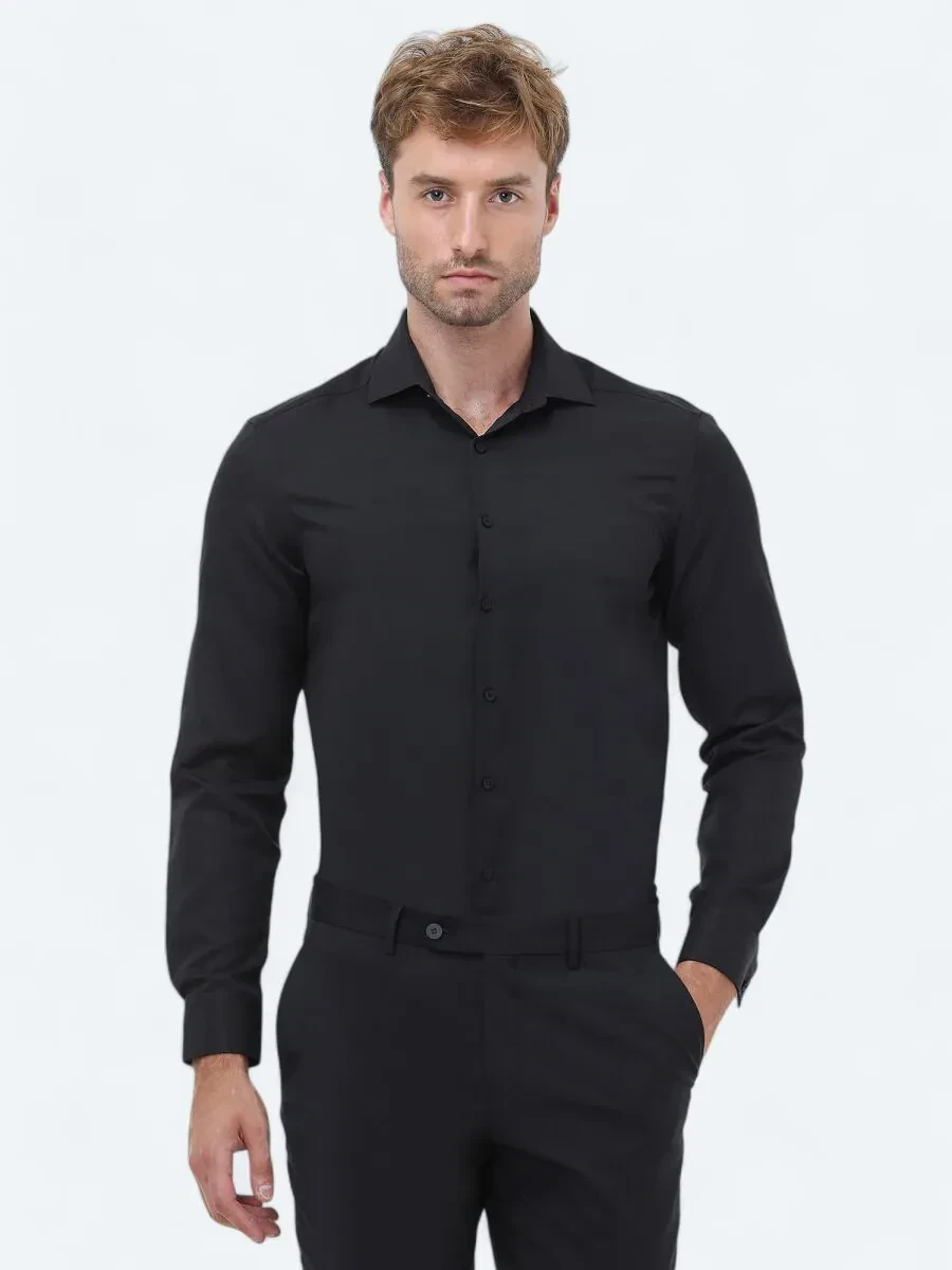 Black Plain Regular Fit Weaving Classical Cotton Blended Shirt - 1