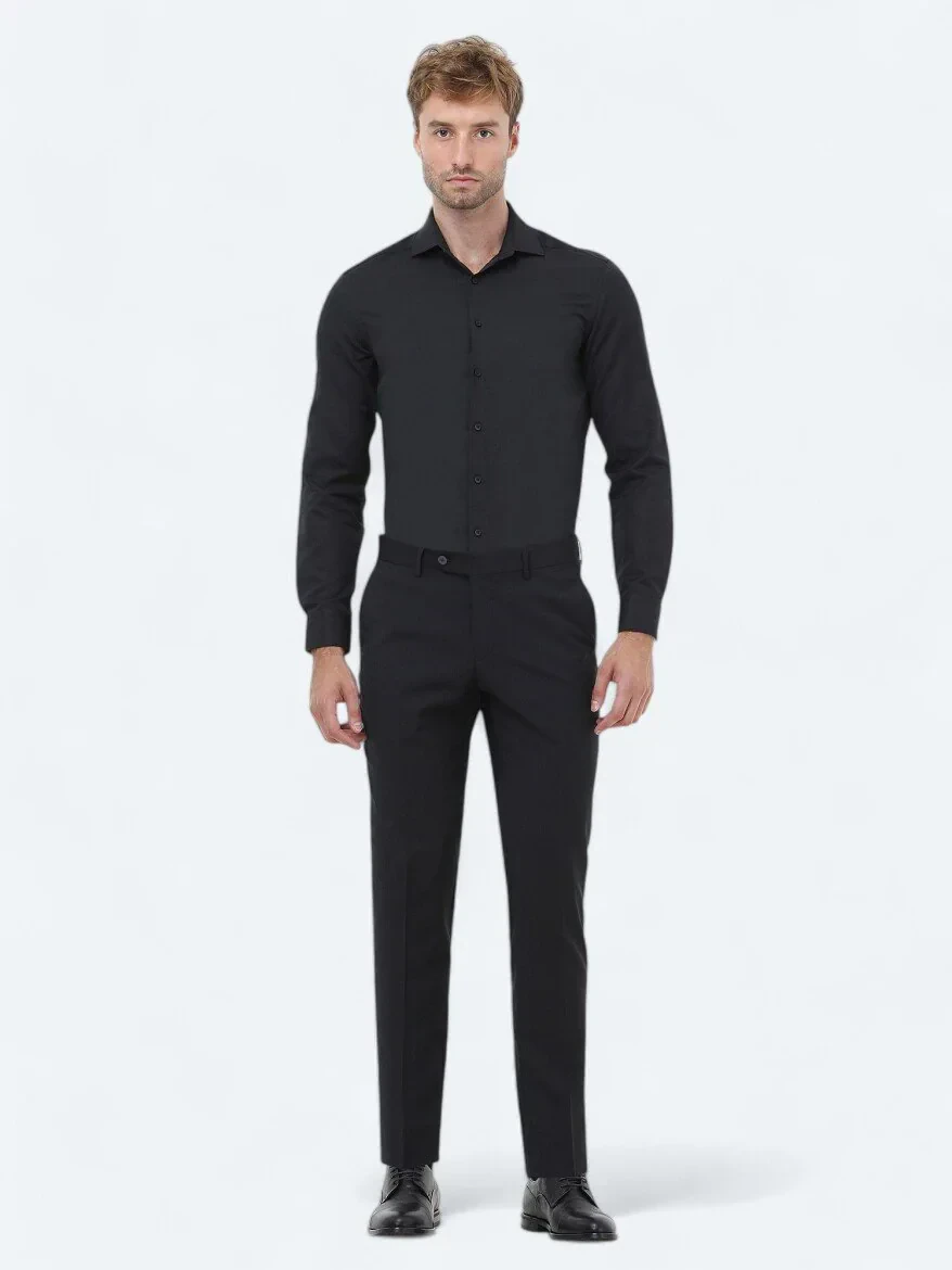 Black Plain Regular Fit Weaving Classical Cotton Blended Shirt - 2