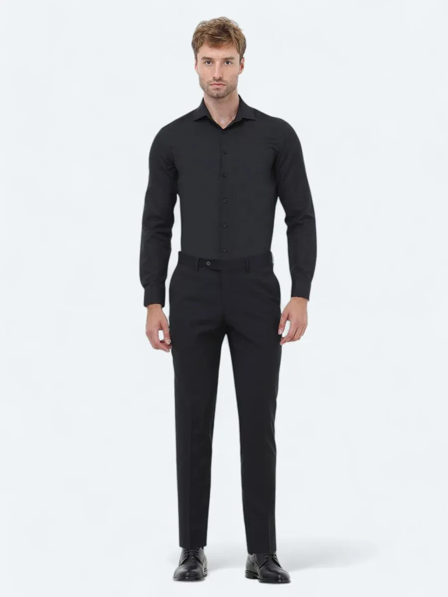 Black Plain Regular Fit Weaving Classical Cotton Blended Shirt - 2