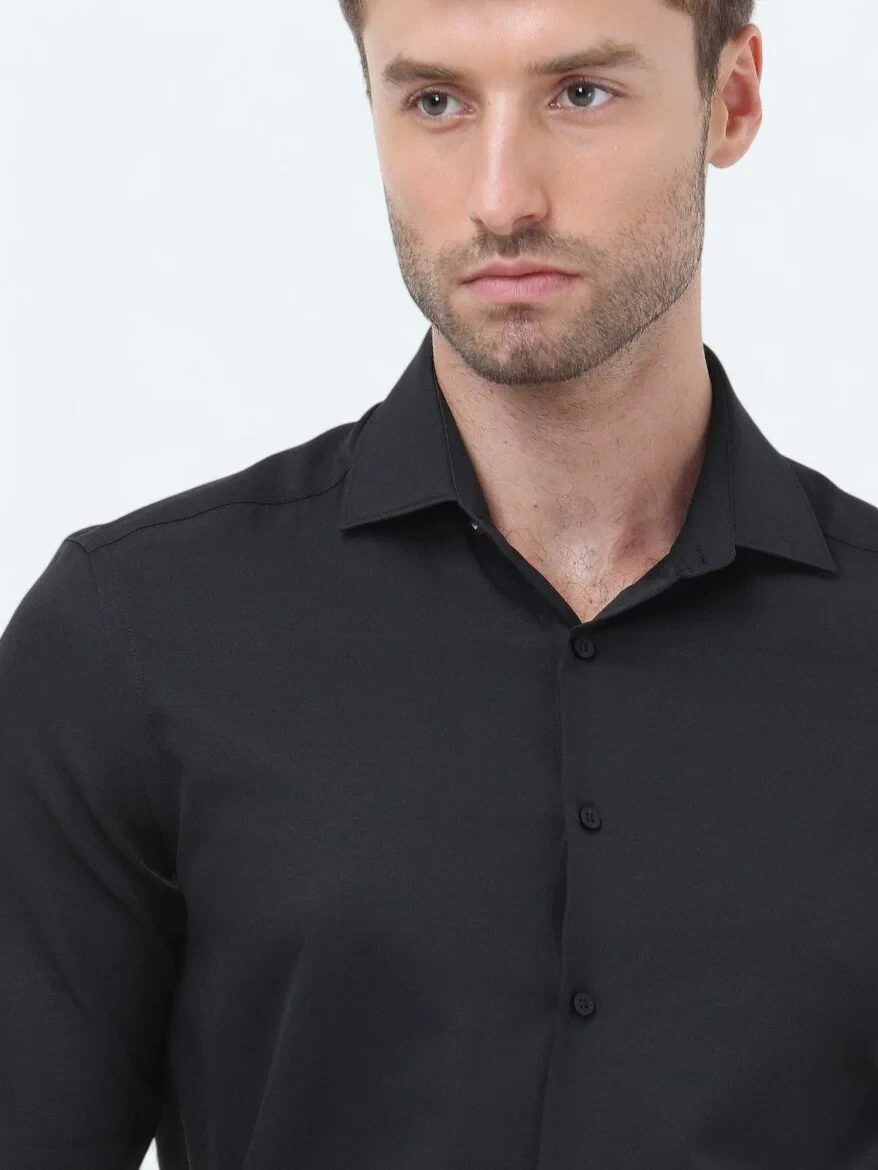 Black Plain Regular Fit Weaving Classical Cotton Blended Shirt - 3