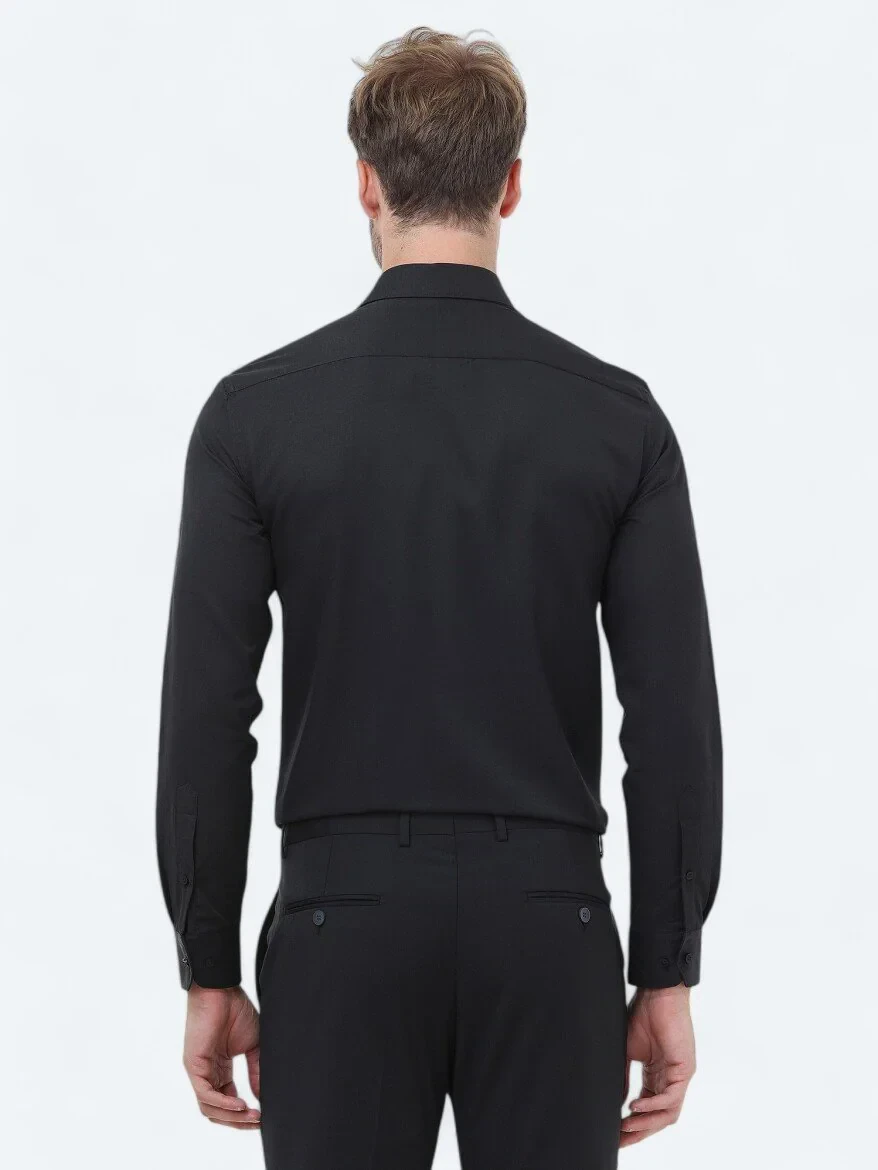 Black Plain Regular Fit Weaving Classical Cotton Blended Shirt - 4
