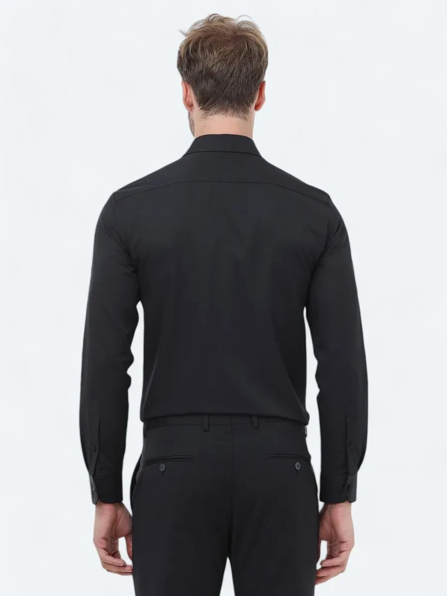 Black Plain Regular Fit Weaving Classical Cotton Blended Shirt - 4