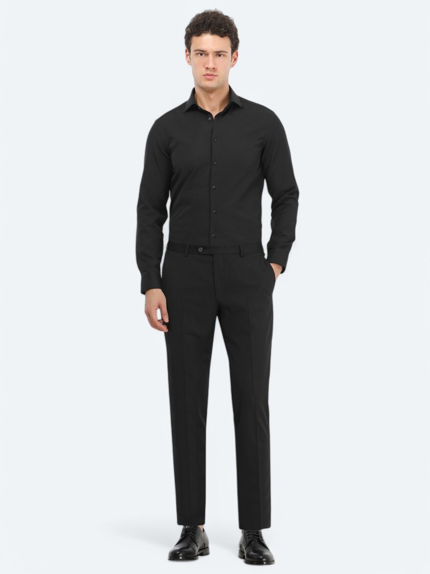 Black Plain Regular Fit Weaving Classical Cotton Blended Shirt - 1