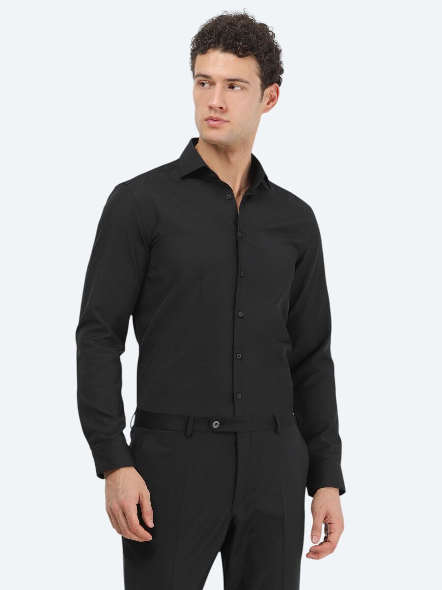 Black Plain Regular Fit Weaving Classical Cotton Blended Shirt - 2
