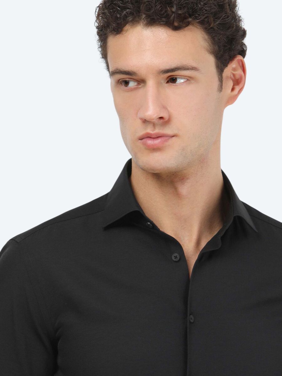Black Plain Regular Fit Weaving Classical Cotton Blended Shirt - 3