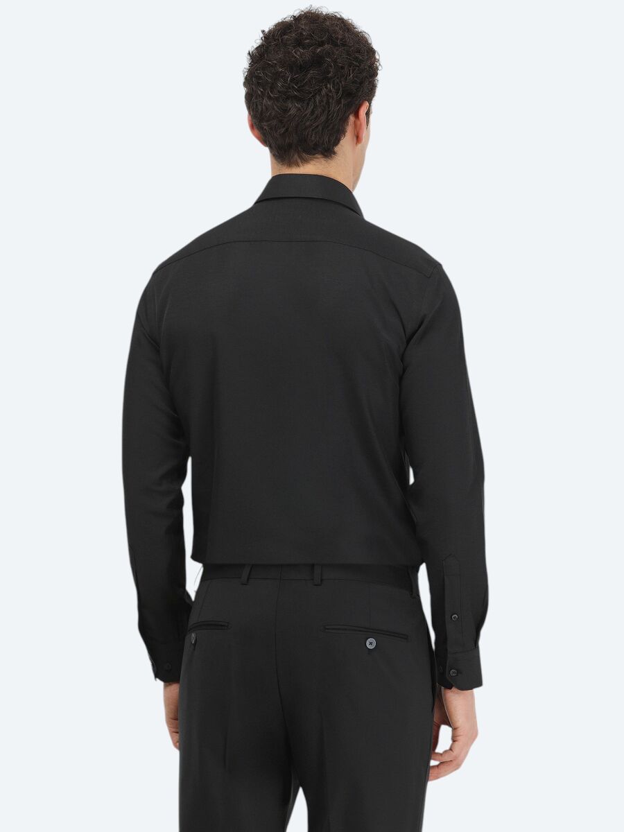 Black Plain Regular Fit Weaving Classical Cotton Blended Shirt - 4