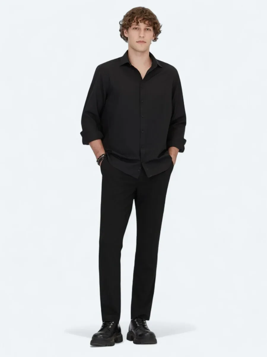 Black Plain Regular Fit Weaving Classical Cotton Blended Shirt - 2