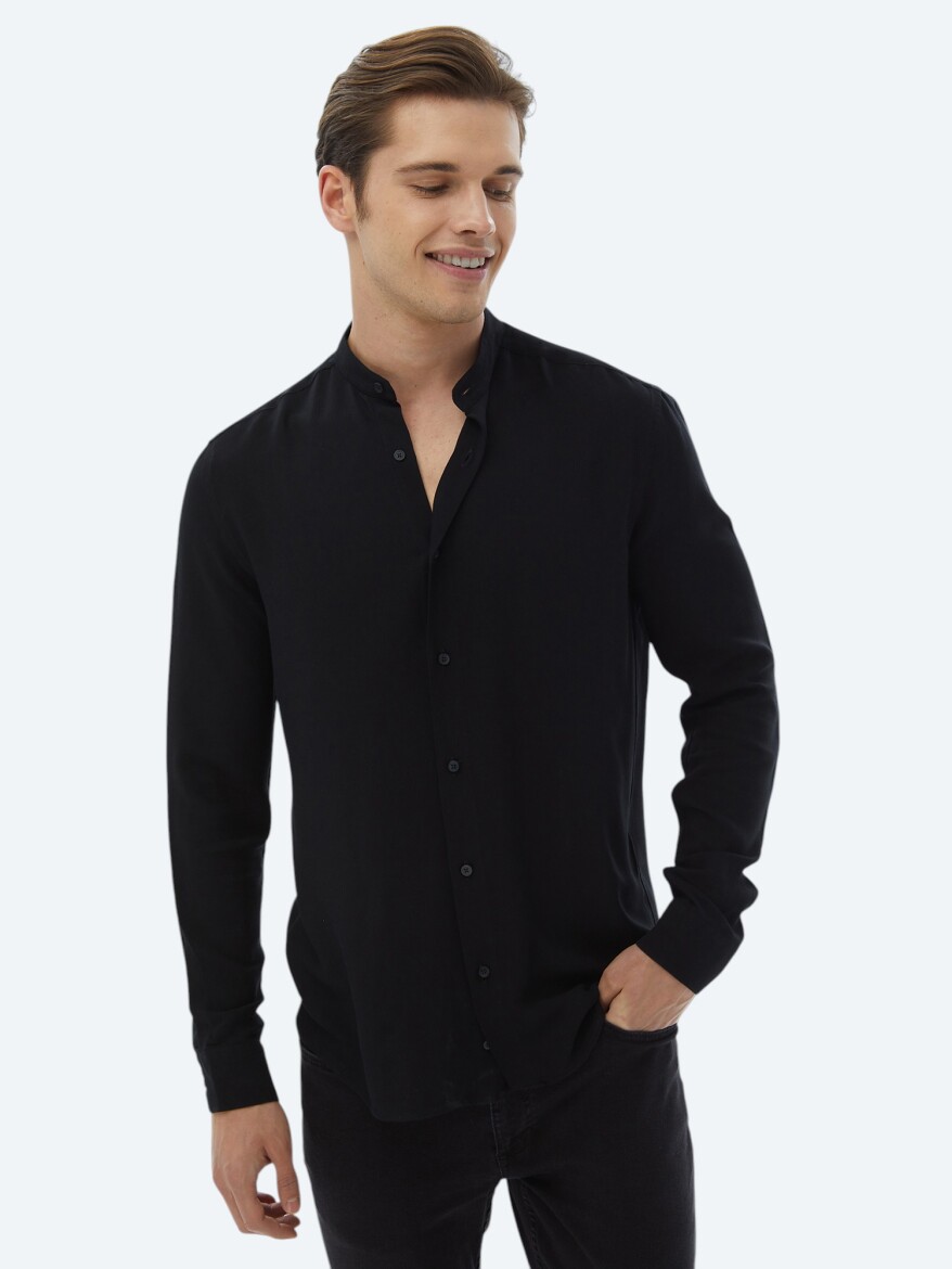 Black Plain Regular Fit Weaving Classical Shirt - 1