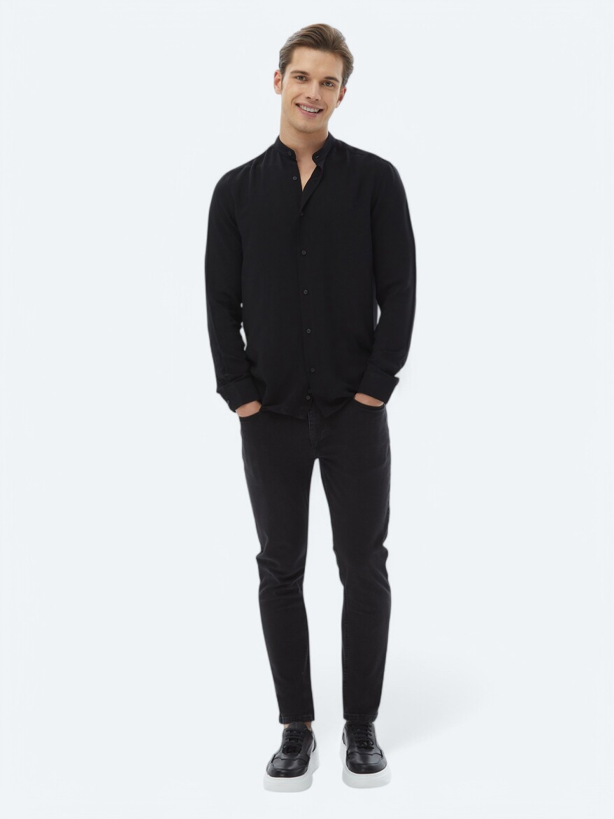Black Plain Regular Fit Weaving Classical Shirt - 2