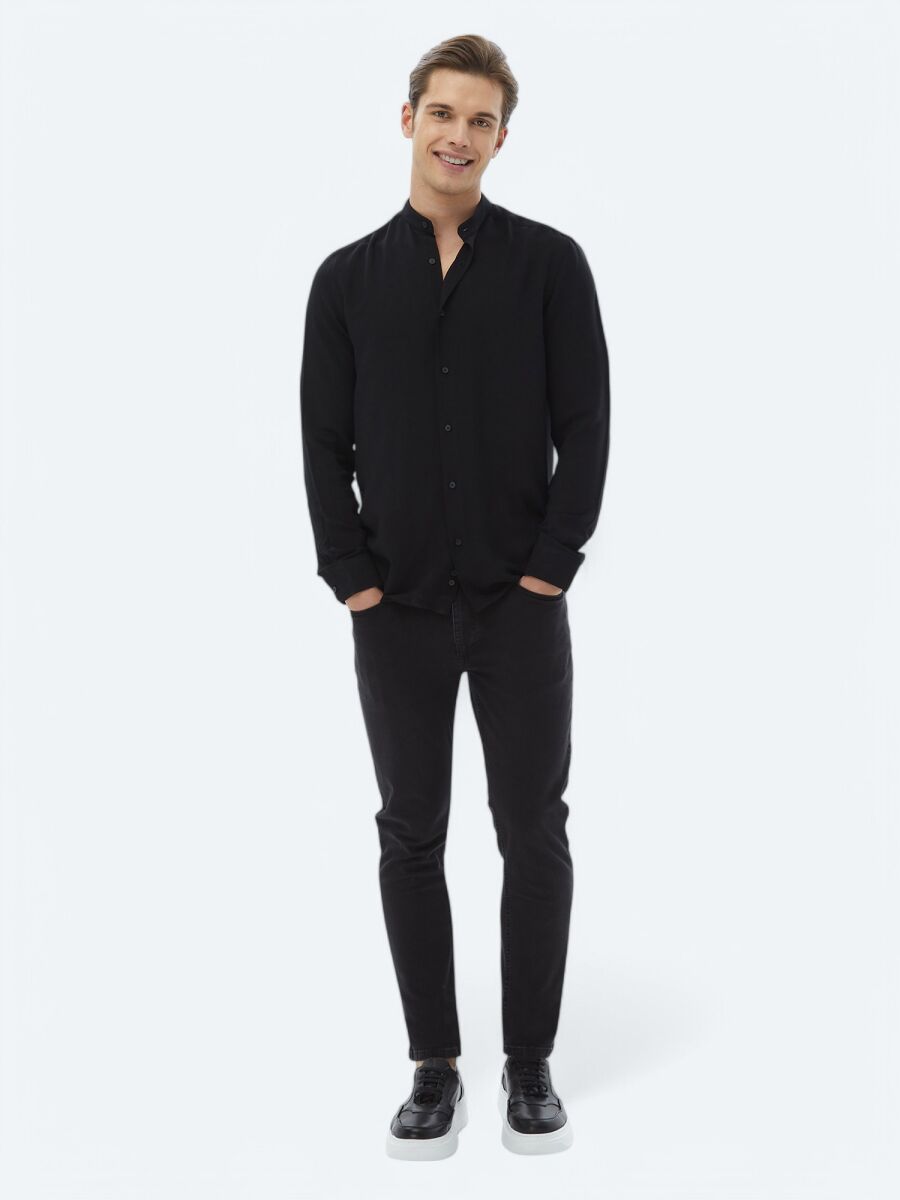 Black Plain Regular Fit Weaving Classical Shirt - 2
