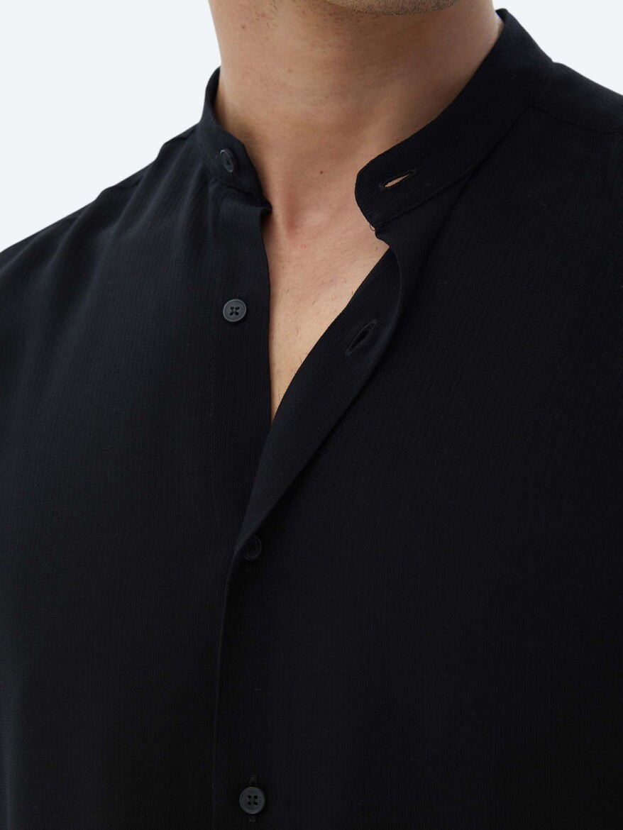 Black Plain Regular Fit Weaving Classical Shirt - 3