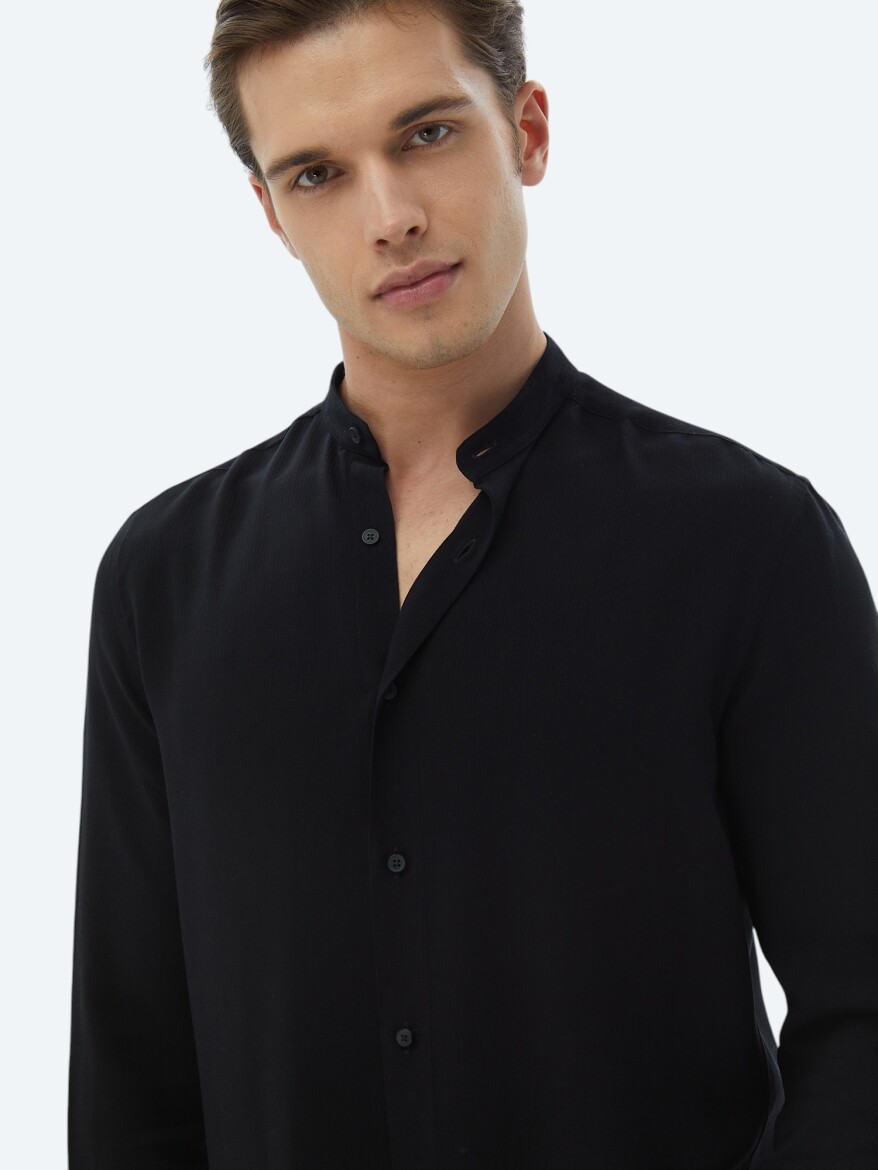 Black Plain Regular Fit Weaving Classical Shirt - 4