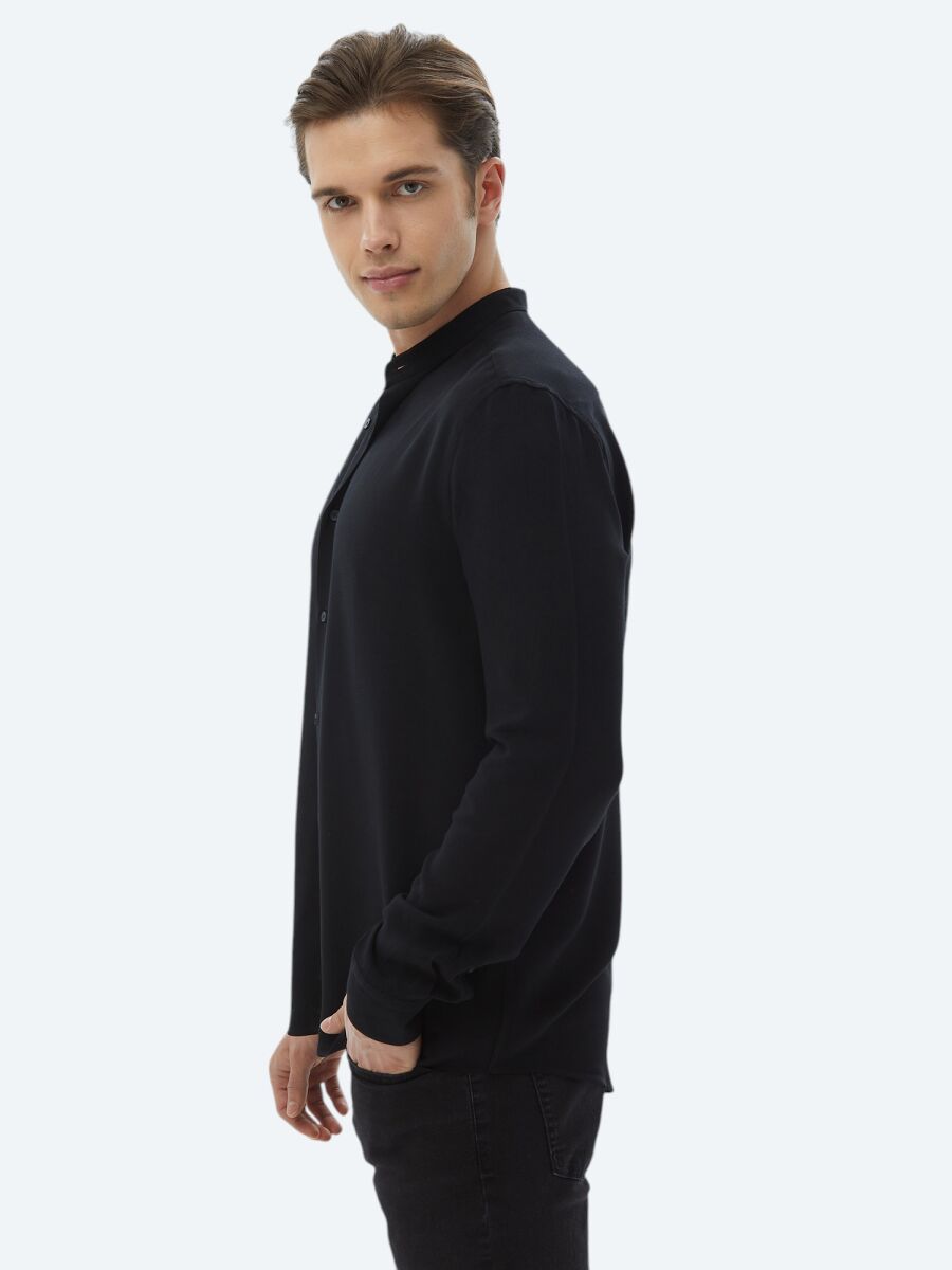 Black Plain Regular Fit Weaving Classical Shirt - 5