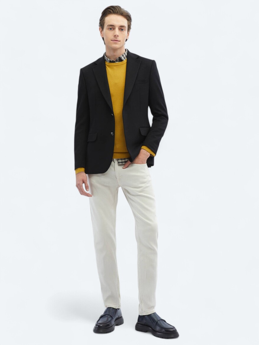 Black Plain Regular Fit Wool Blended Jacket - 1