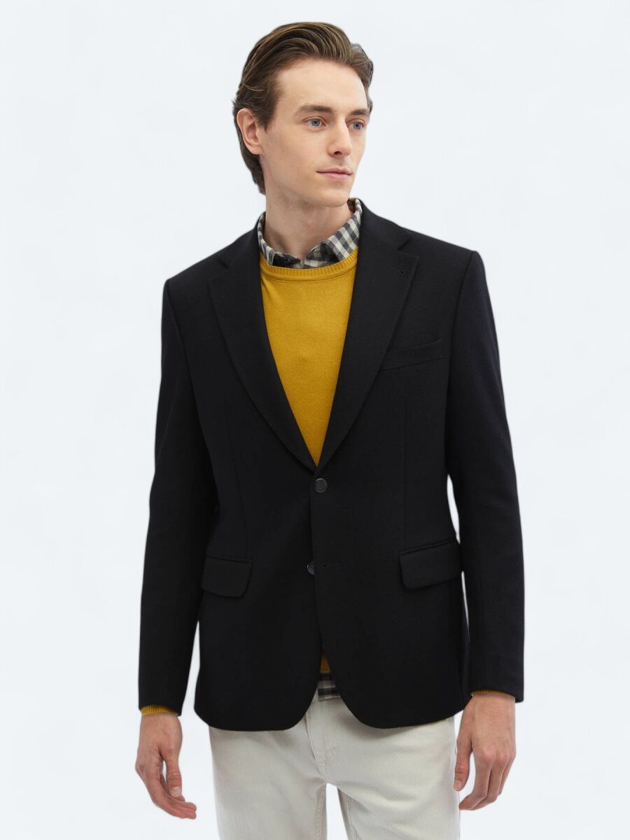 Black Plain Regular Fit Wool Blended Jacket - 3