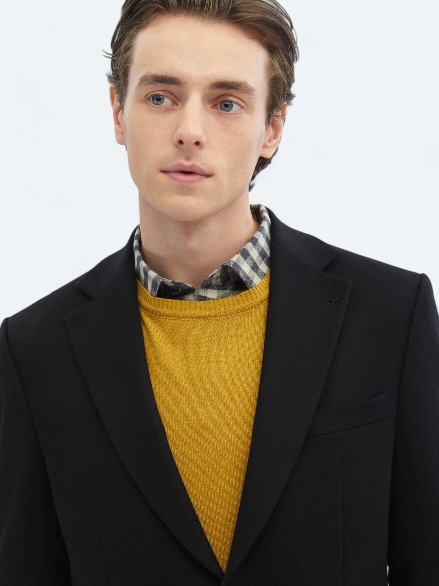 Black Plain Regular Fit Wool Blended Jacket - 4