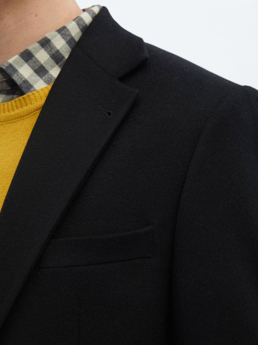 Black Plain Regular Fit Wool Blended Jacket - 5