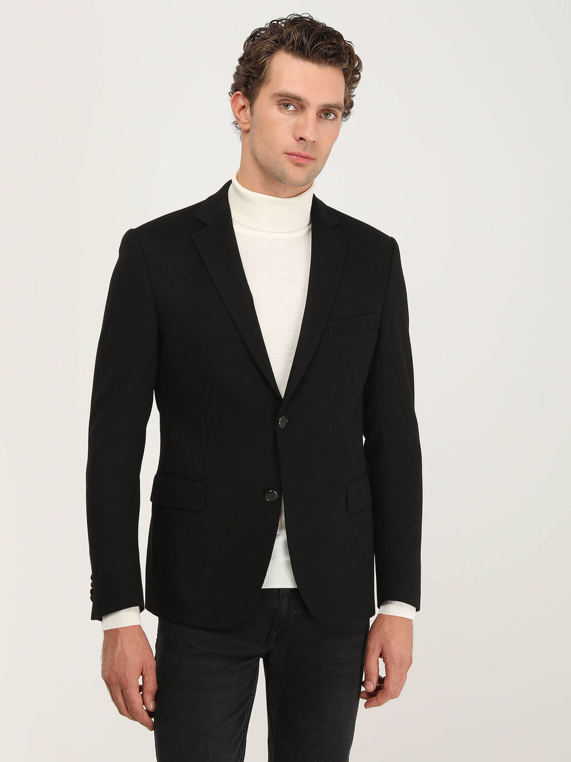 Black Plain Regular Fit Wool Blended Jacket - 1
