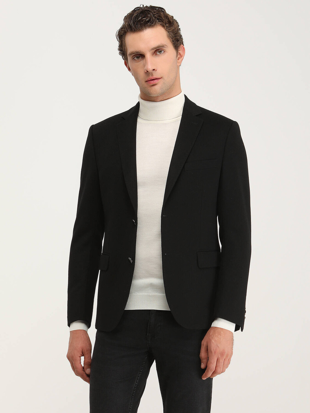 Black Plain Regular Fit Wool Blended Jacket - 3
