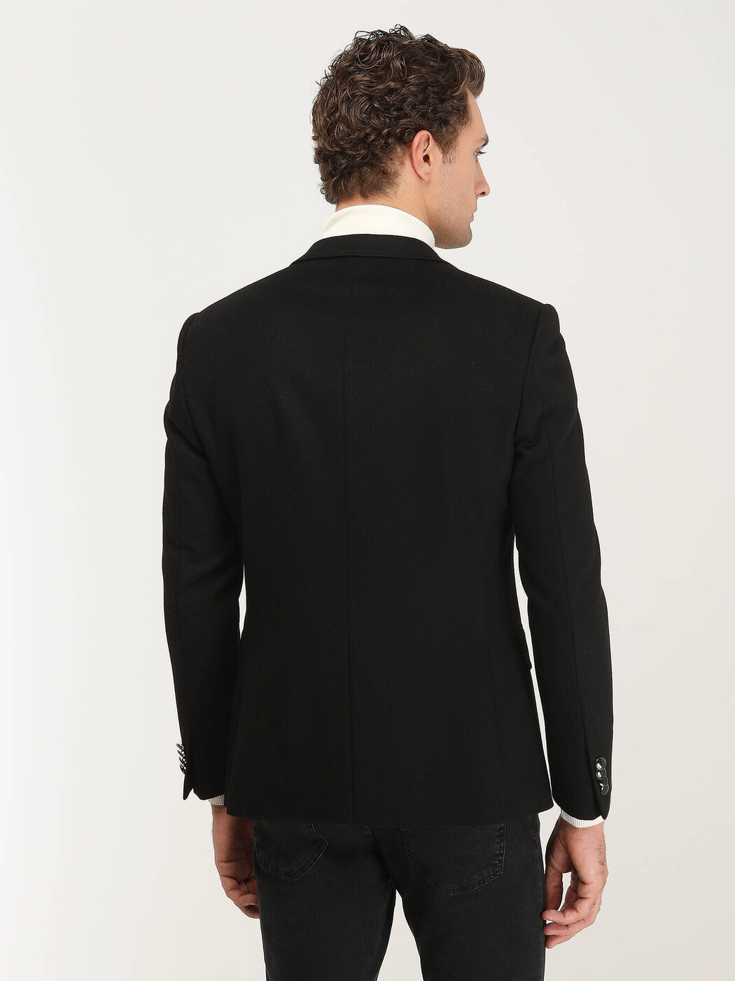 Black Plain Regular Fit Wool Blended Jacket - 6