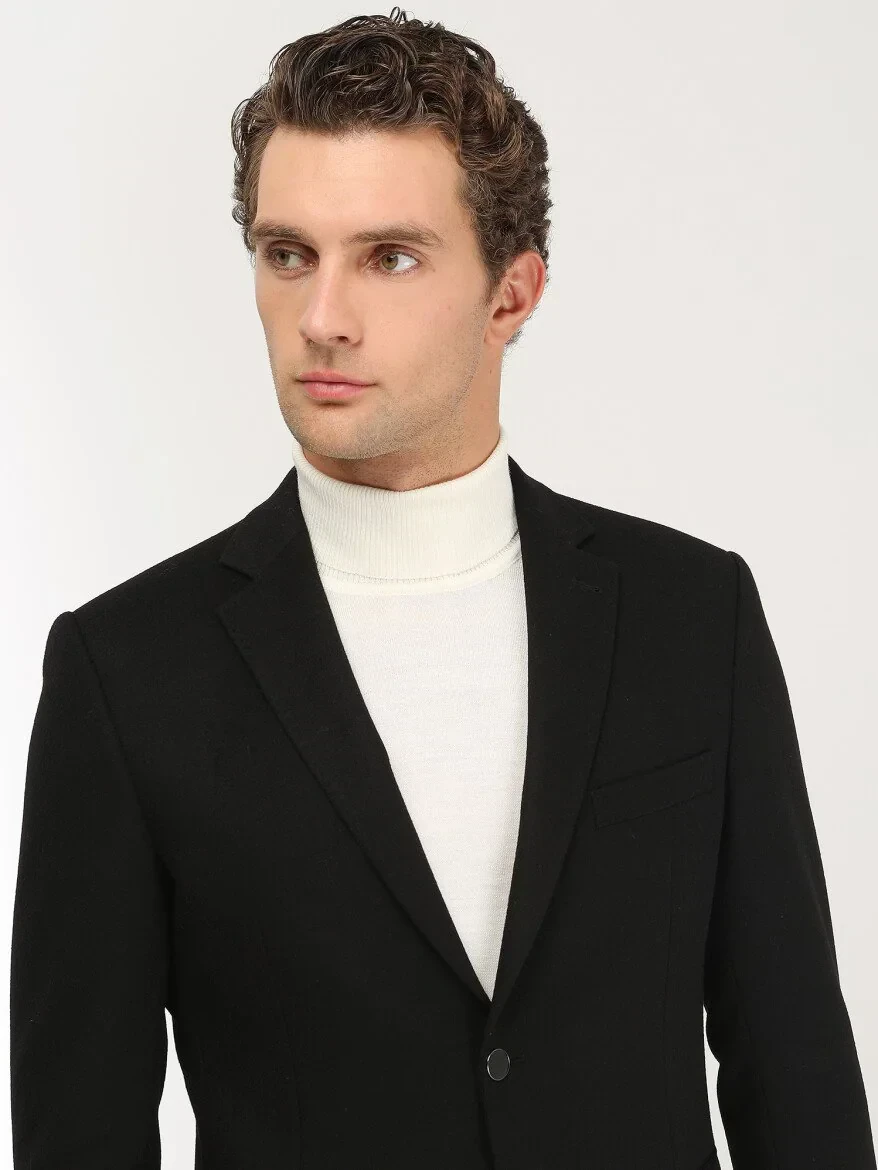 Black Plain Regular Fit Wool Blended Jacket - 4