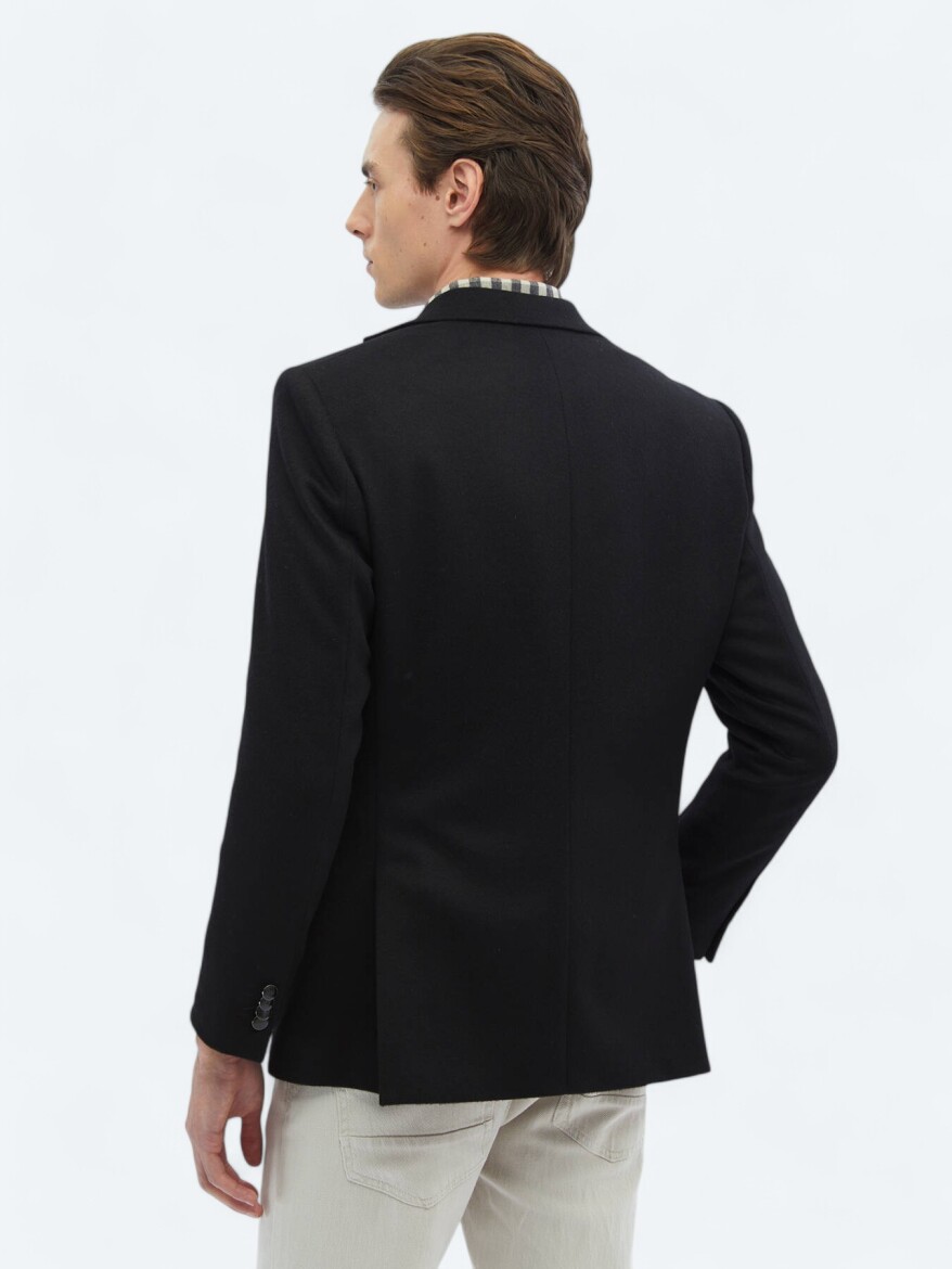 Black Plain Regular Fit Wool Blended Jacket - 6